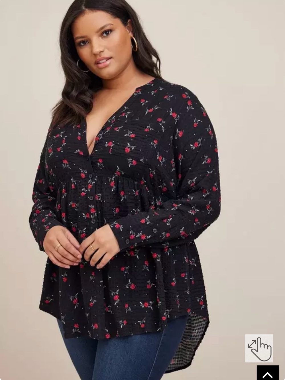 Torrid Emma Babydoll Crinkle Gauze Long Sleeve Tunic Top With Roses 🌹 size 6 6X